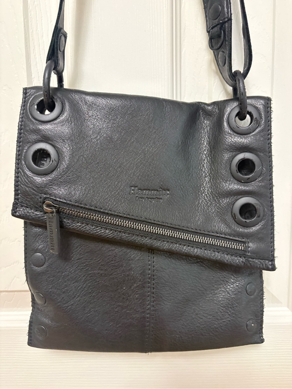 Hammitt Black Leather Crossbody with Grommet Detail